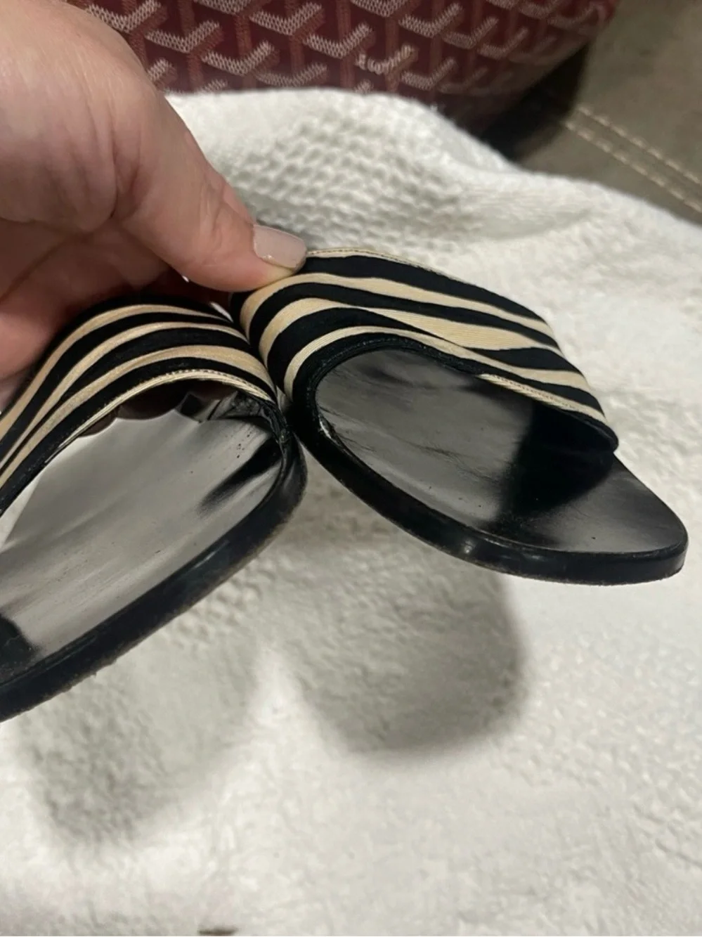kate spade Black and Cream Striped Slide Sandals